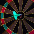 A vibrant close-up of a dart hitting the bullseye on a colorful dartboard, showcasing precision.